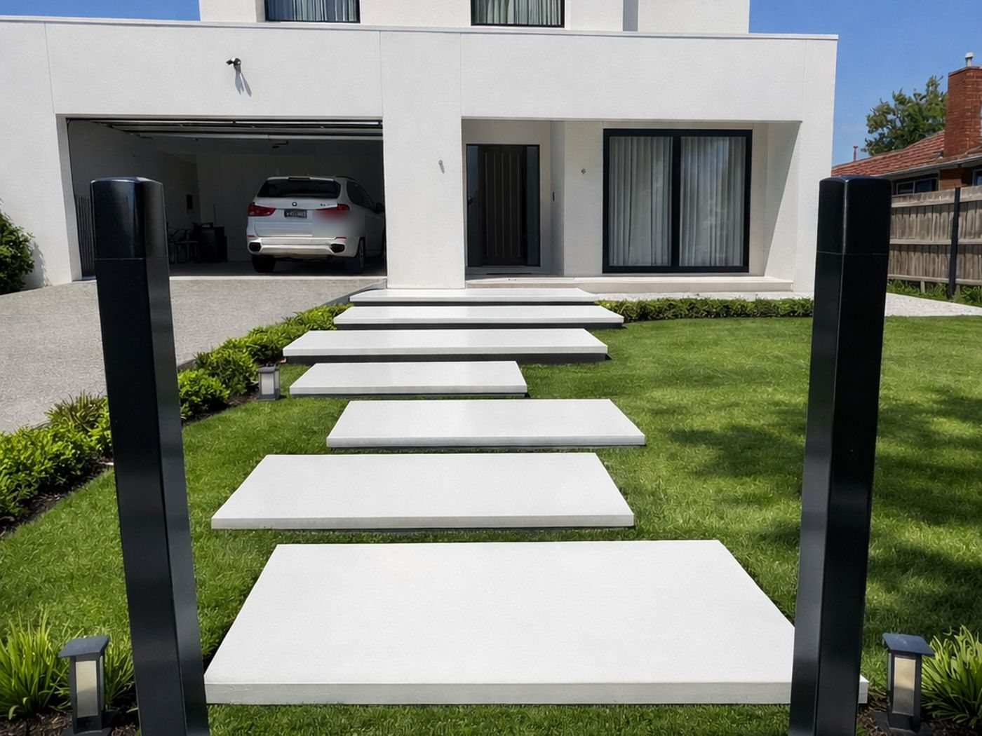 Melbourne front yard with concrete stepping stones and lawn